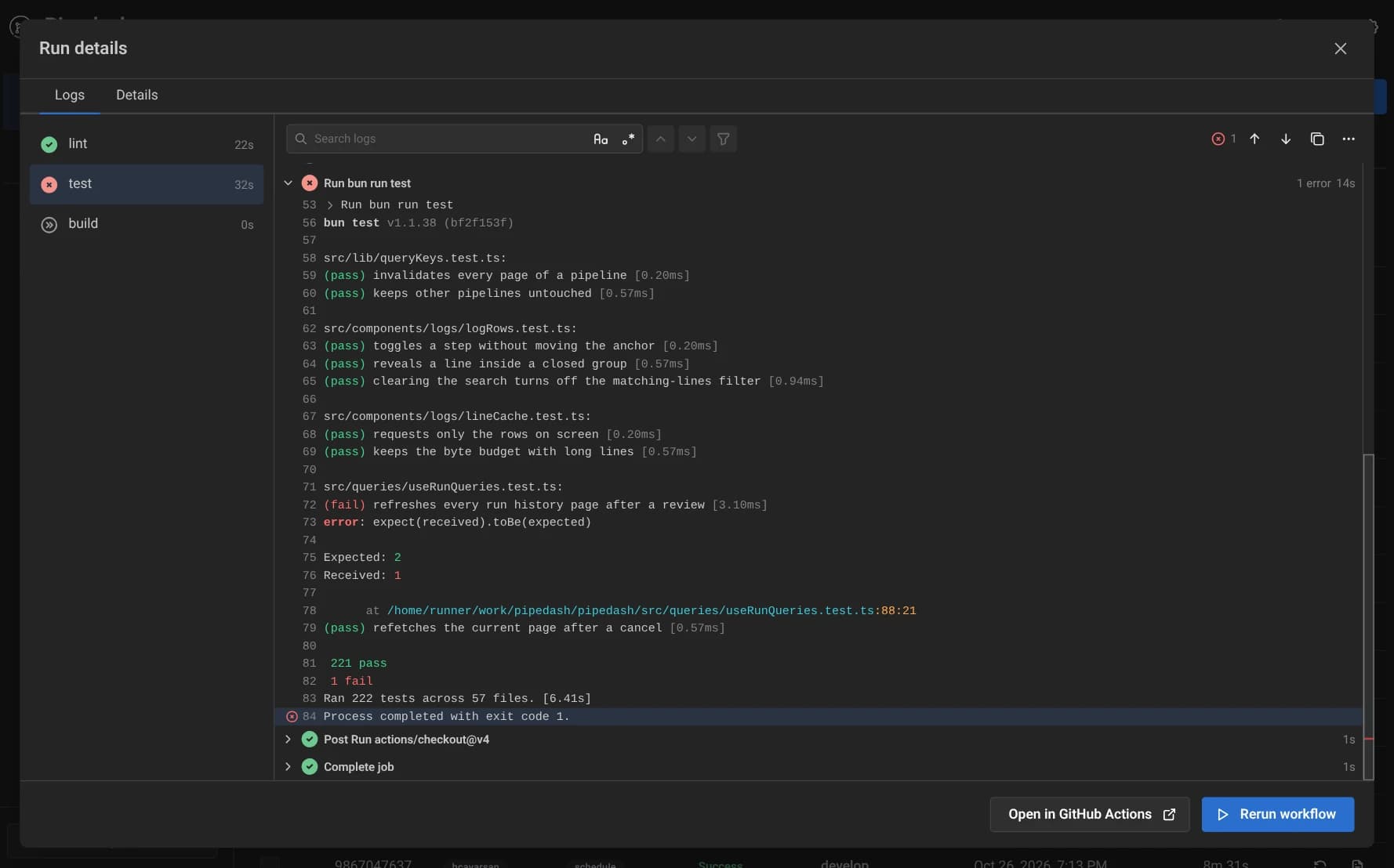 Logs tab of a failed GitHub run with the jobs lint, test and build, and the failed test step open at its error line