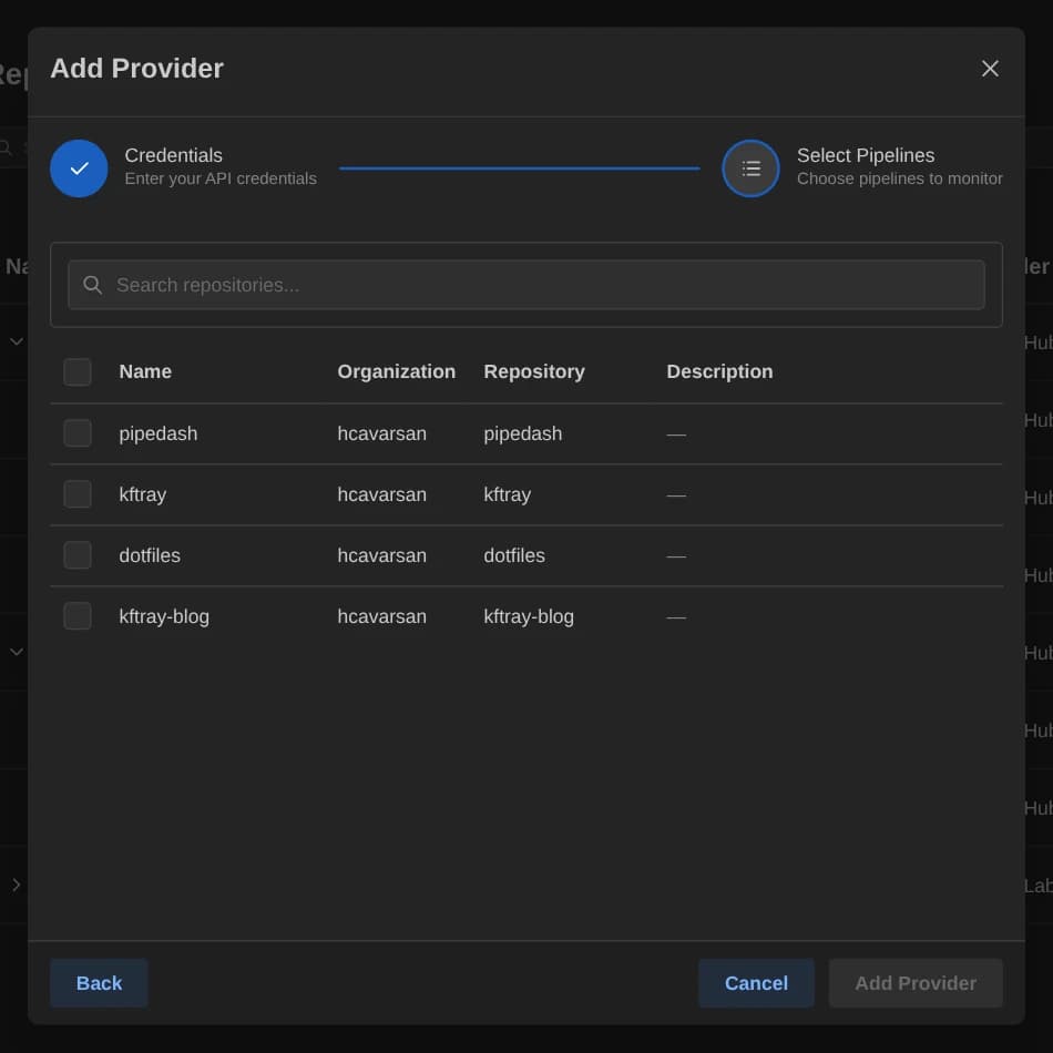 Select Pipelines step listing repositories with checkboxes
