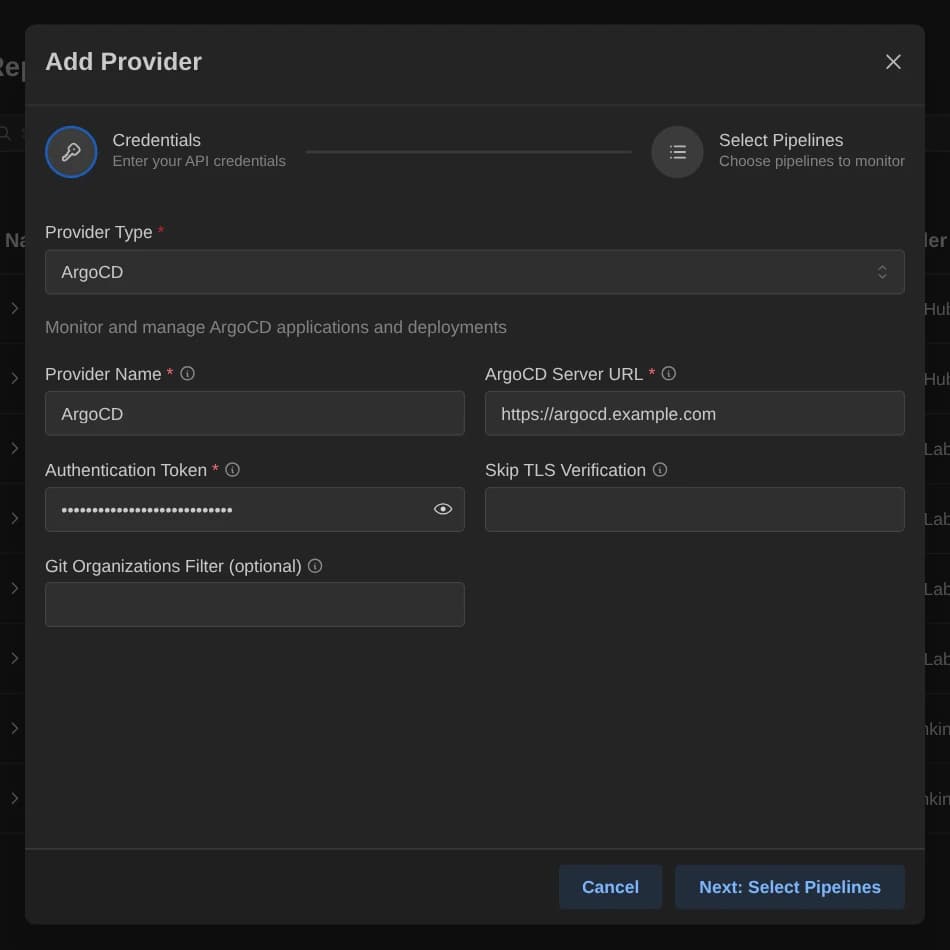 Add Provider dialog with ArgoCD fields