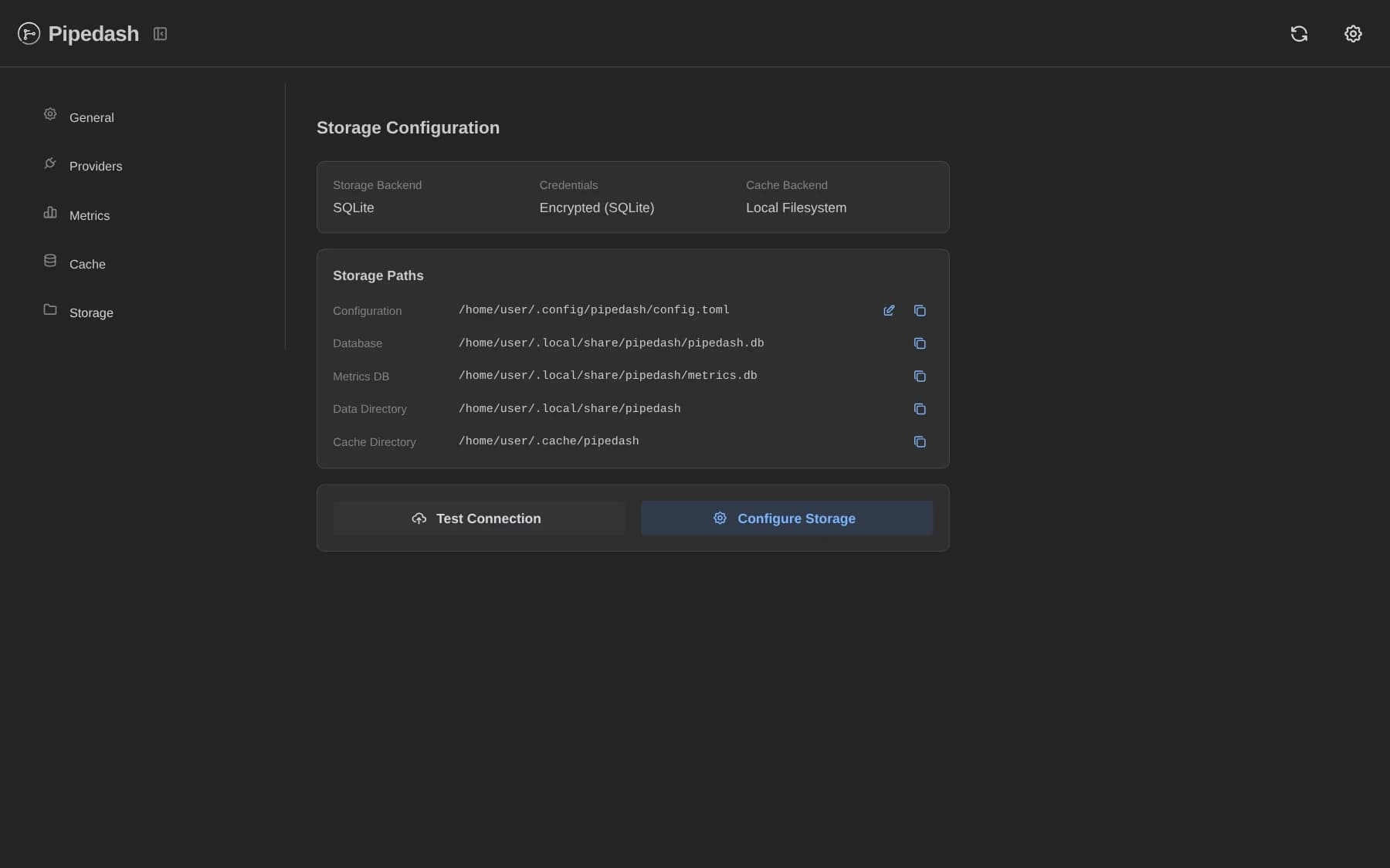 Settings, Storage page showing backend, data directory and vault status