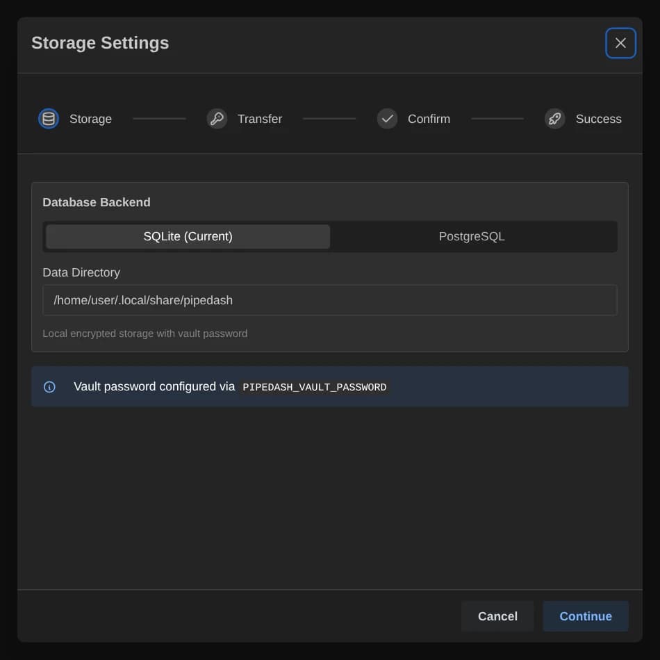 Storage step with SQLite selected