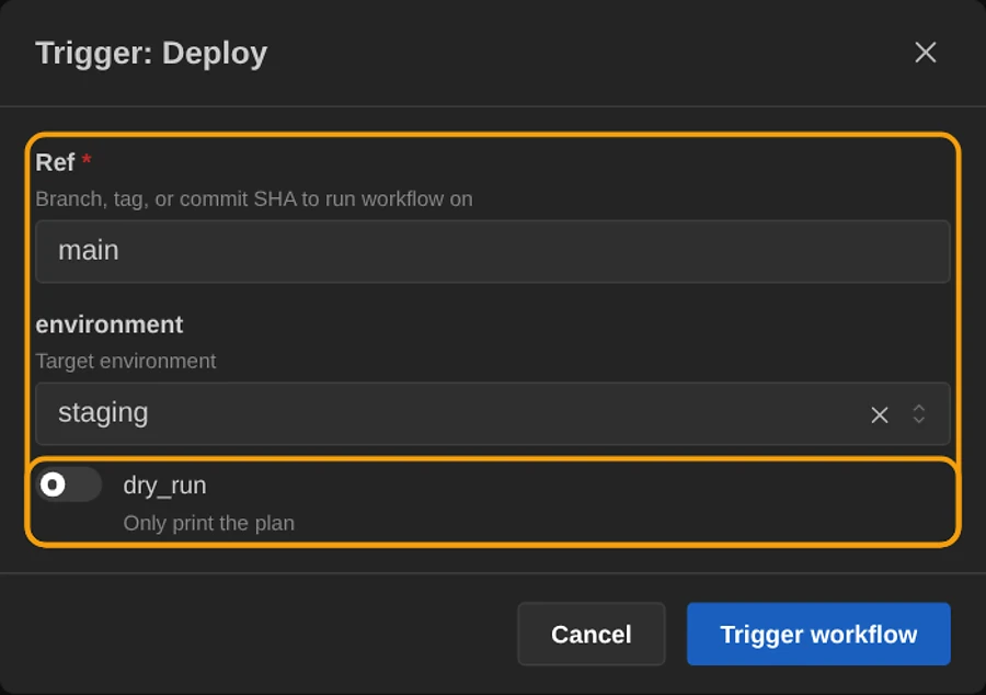 Trigger dialog with Gitea workflow inputs