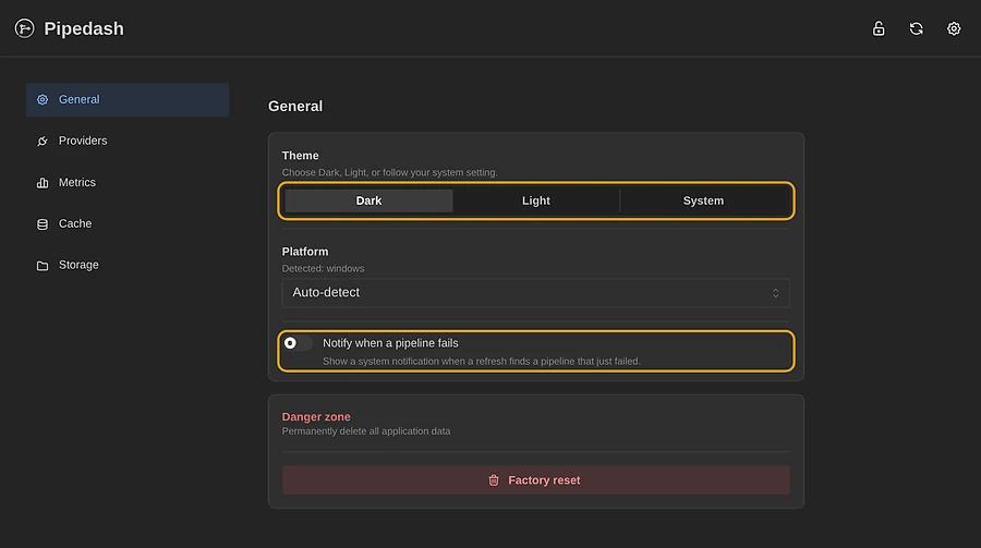 Theme selector and failure notification switch